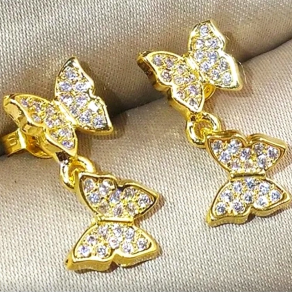 Gold Butterfly Earrings with White Topaz 1 1/2”